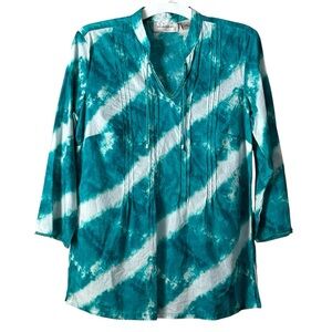 Lemon Grass Womens Small Teal White Tie Dyed Striped V-Neck Tunic Tassles Bead